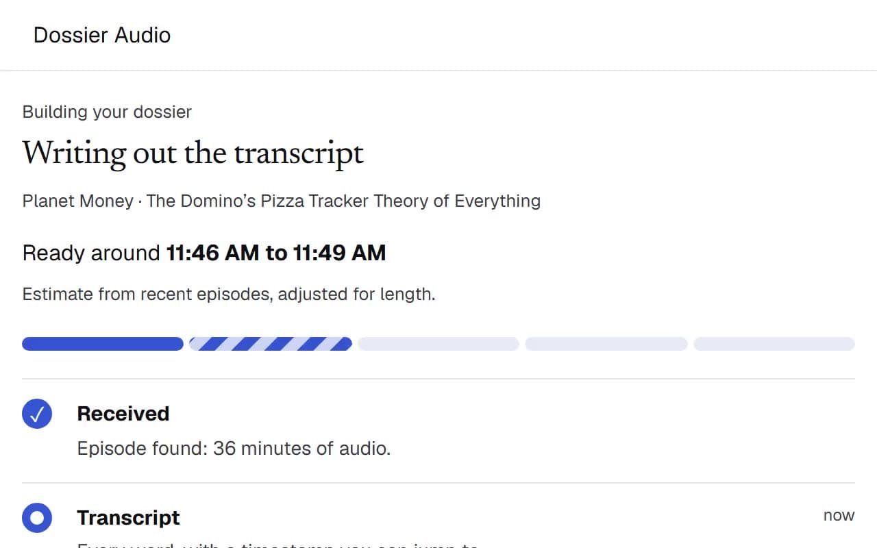 The progress tracker moving from Transcript to Chapters to People and sources to Ready