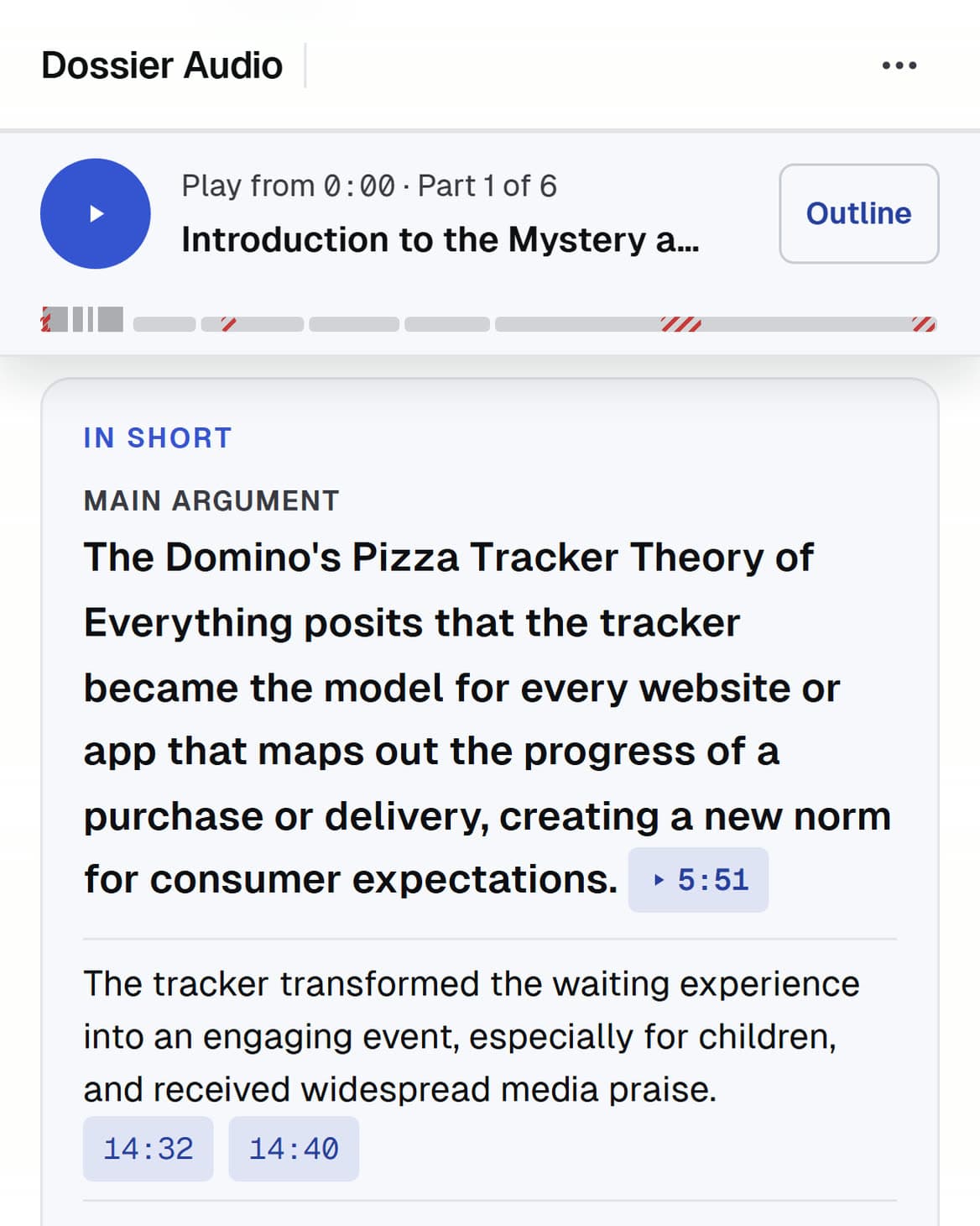 Real dossier on Planet Money’s The Domino’s Pizza Tracker Theory of Everything: artwork, player and In short, which leads with the main argument and its timestamp
